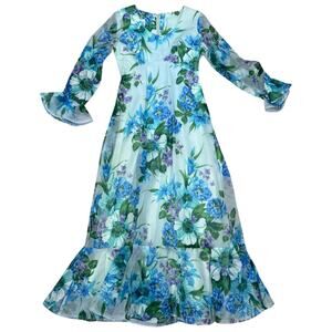 Vintage 70s Long Blue Floral Gown Avalon Classics Size 12 Maxi Long Sleeve Dress